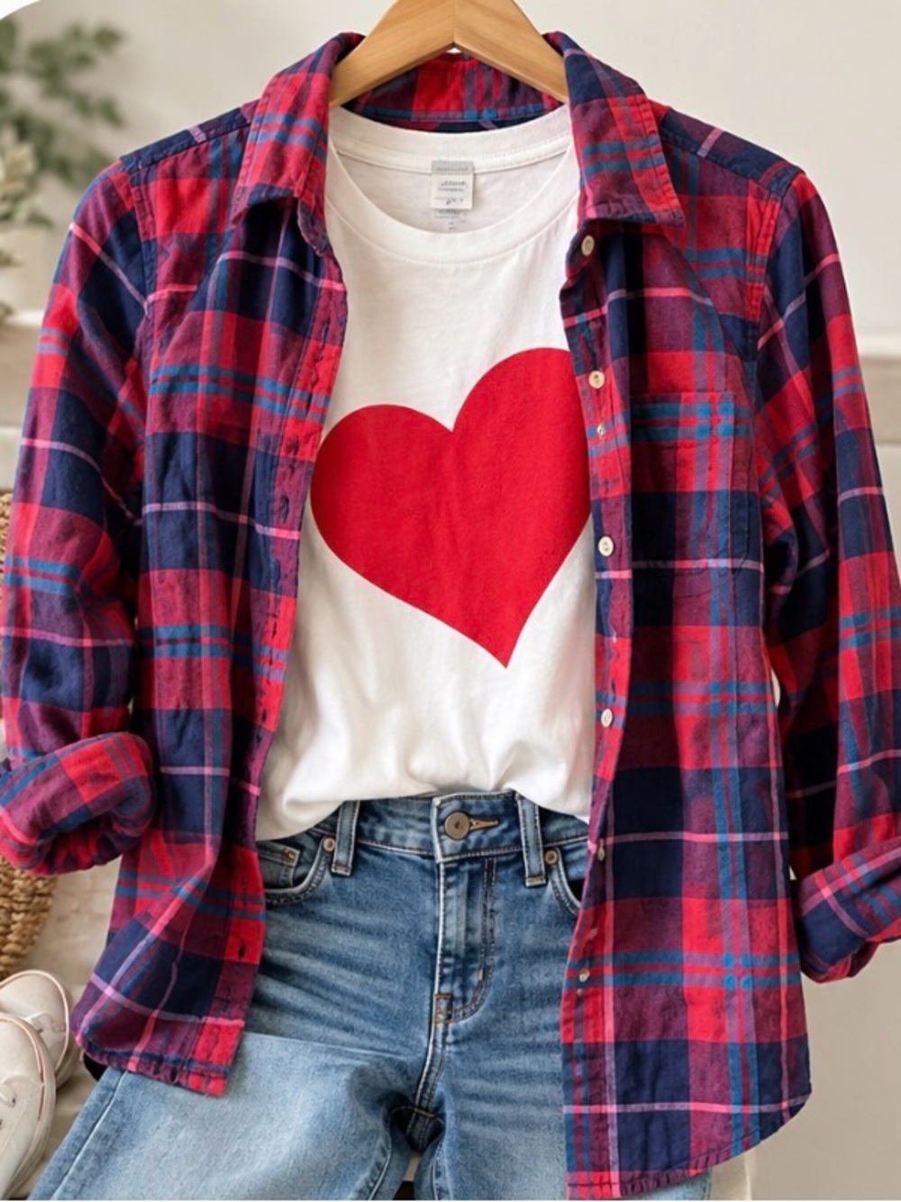 JCrew Women’s Red & Navy Plaid Button-Up    Top and Tee Bonus